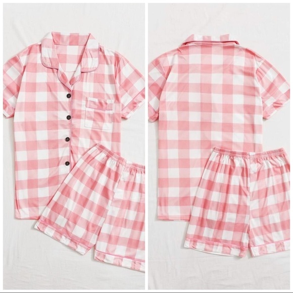 New White & Red Plaid Shorts Pajama Set - Picture 2 of 5